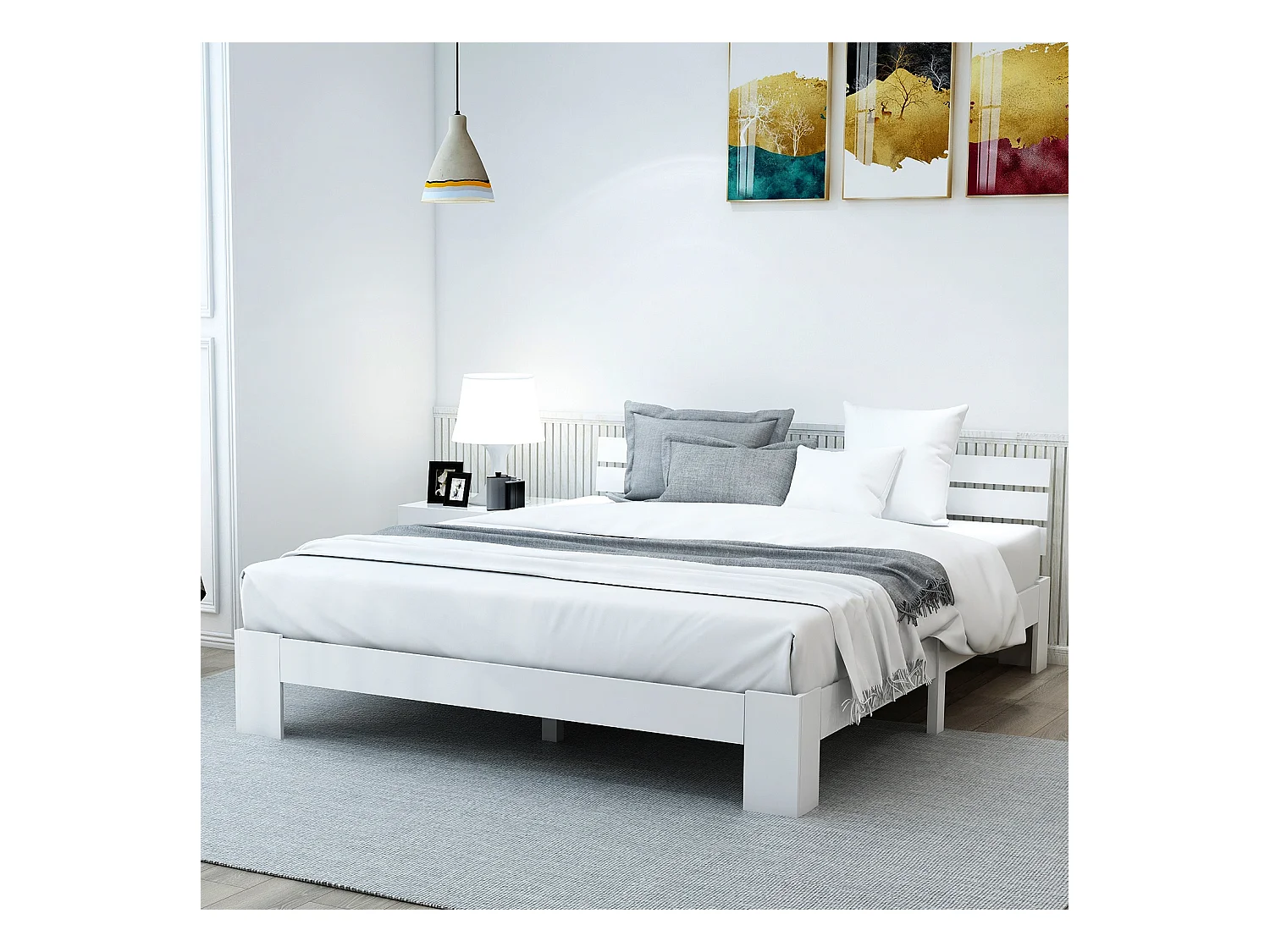 Lit adulte 140x200cm minimaliste, cadre en pin, blanc, sans matelas
