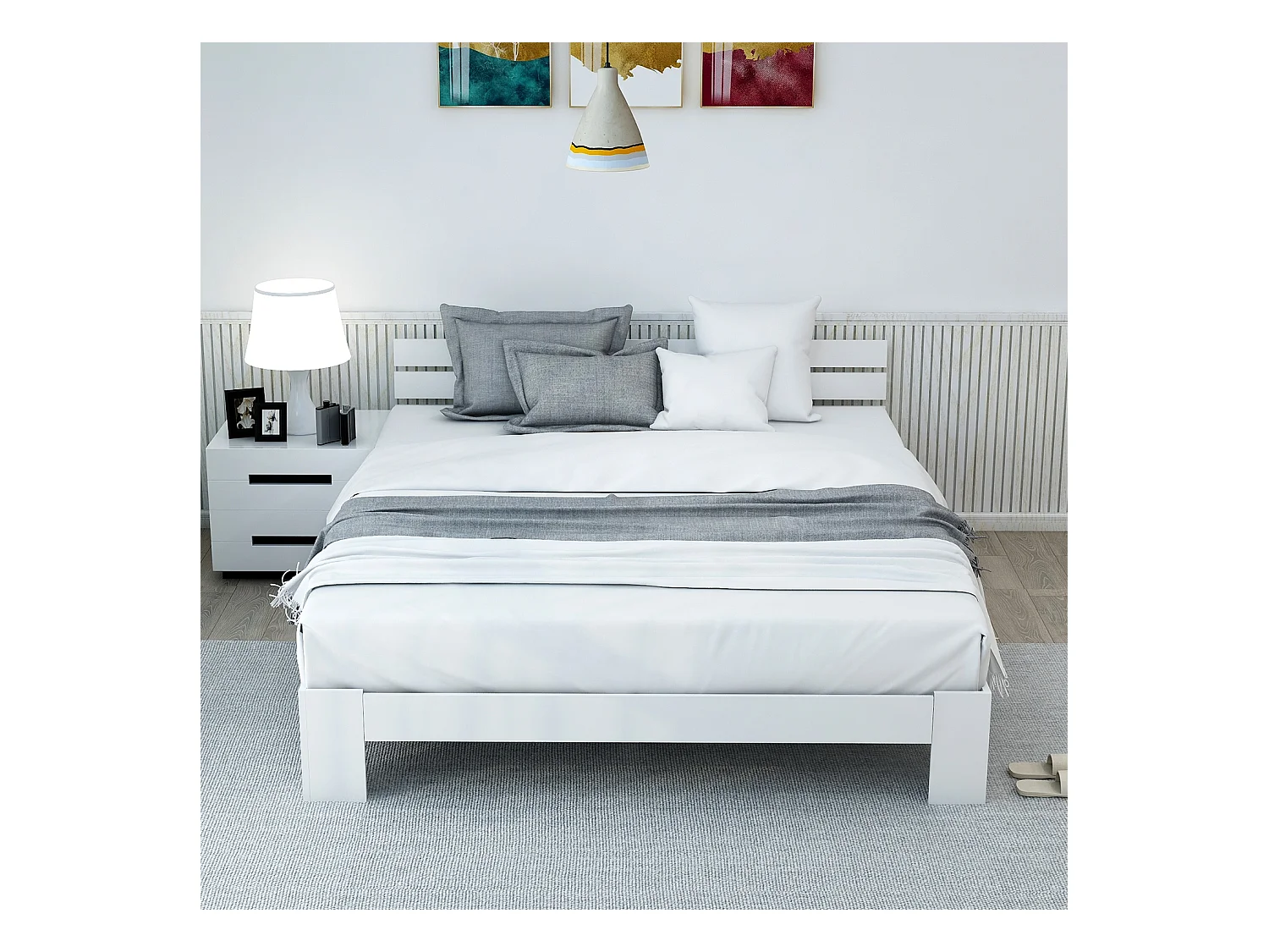 Lit adulte 140x200cm minimaliste, cadre en pin, blanc, sans matelas