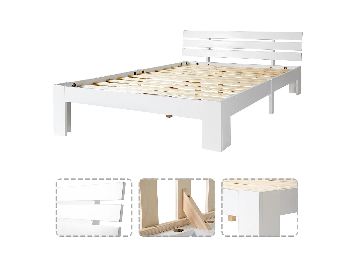 Lit adulte 140x200cm minimaliste, cadre en pin, blanc, sans matelas