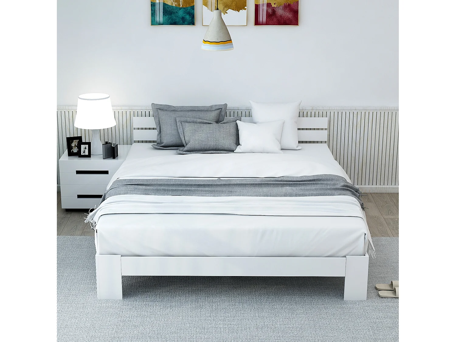 Lit adulte 140x200cm minimaliste, cadre en pin, blanc, sans matelas