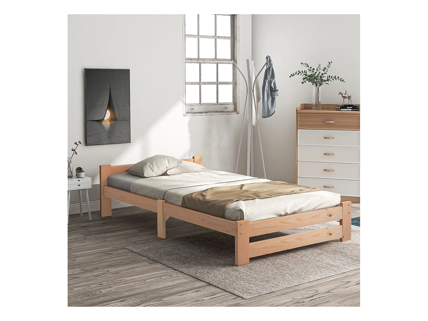 Lit enfant 90x200cm minimaliste en bois, woodgrain naturel clair, sans matelas