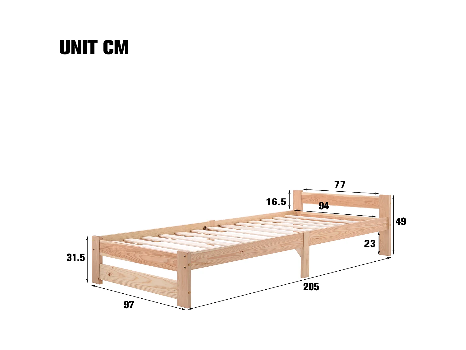 Lit enfant 90x200cm minimaliste en bois, woodgrain naturel clair, sans matelas