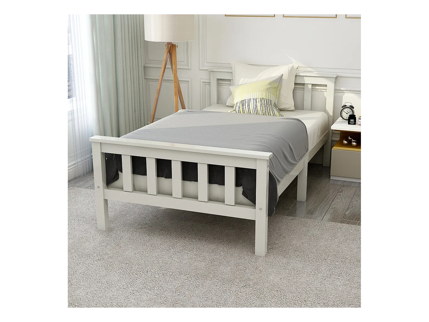 Lit adulte 90x200cm minimaliste, cadre en bois et MDF, blanc, sans matelas
