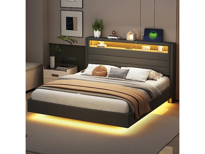 Tweepersoonsbed 160x200 cm met hoofdbord met opbergruimte en LED-verlichting, zwevend design, in grijs linnen, zonder matras