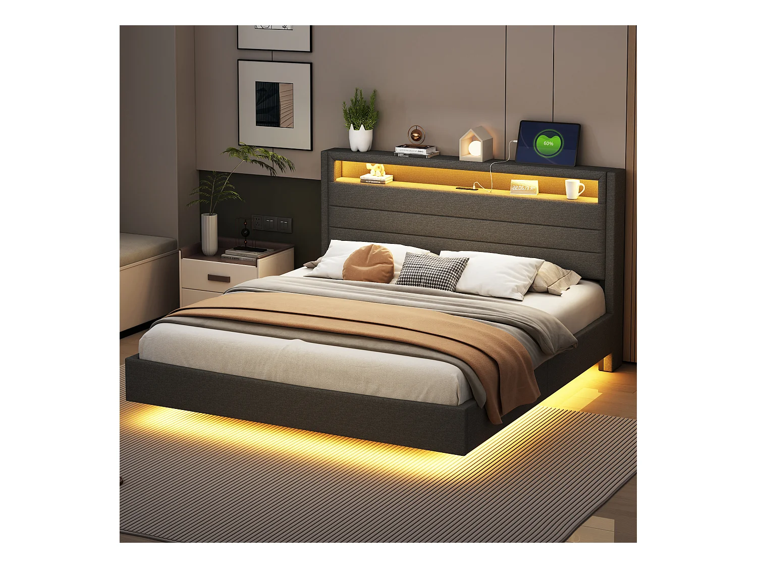 Lit adulte 160x200cm avec tête de lit de rangement et LED, designe flottant, en lin gris, sans matelas
