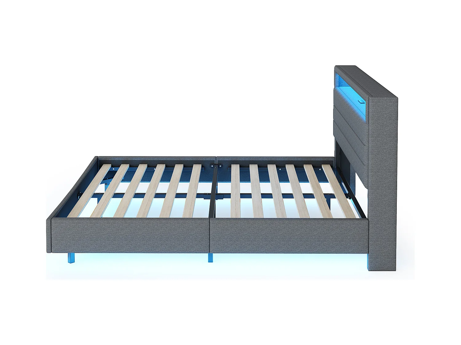 Lit adulte 160x200cm avec tête de lit de rangement et LED, designe flottant, en lin gris, sans matelas