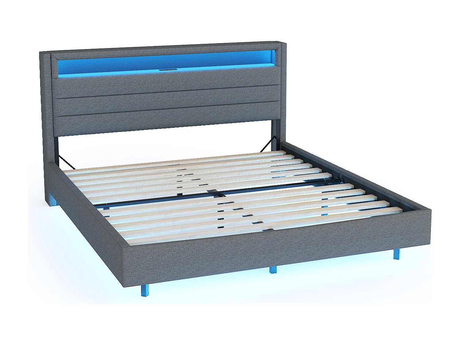 Lit adulte 160x200cm avec tête de lit de rangement et LED, designe flottant, en lin gris, sans matelas