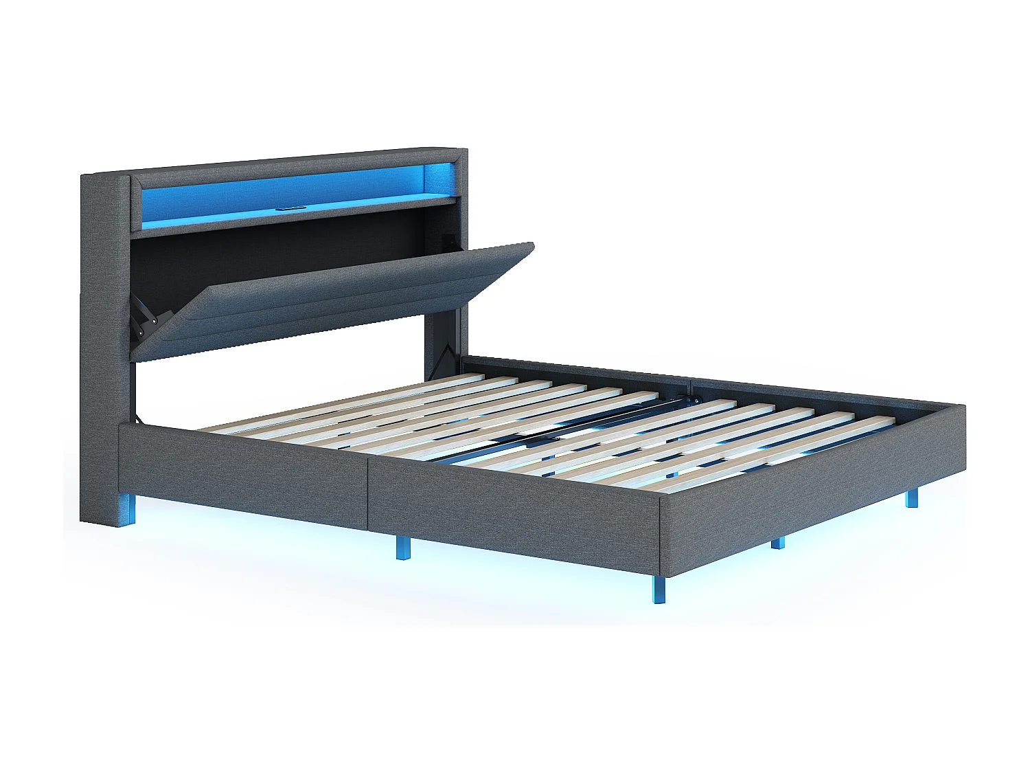 Lit adulte 160x200cm avec tête de lit de rangement et LED, designe flottant, en lin gris, sans matelas