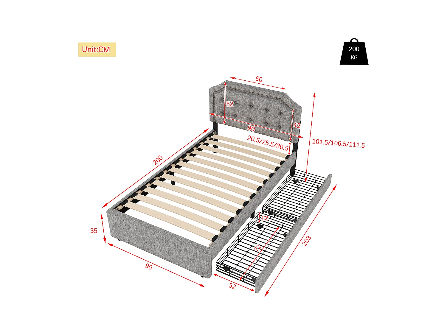 Lit enfant 90x200cm avec 2 tiroirs et tête de lit réglable en hauteur, lin gris, sans matelas