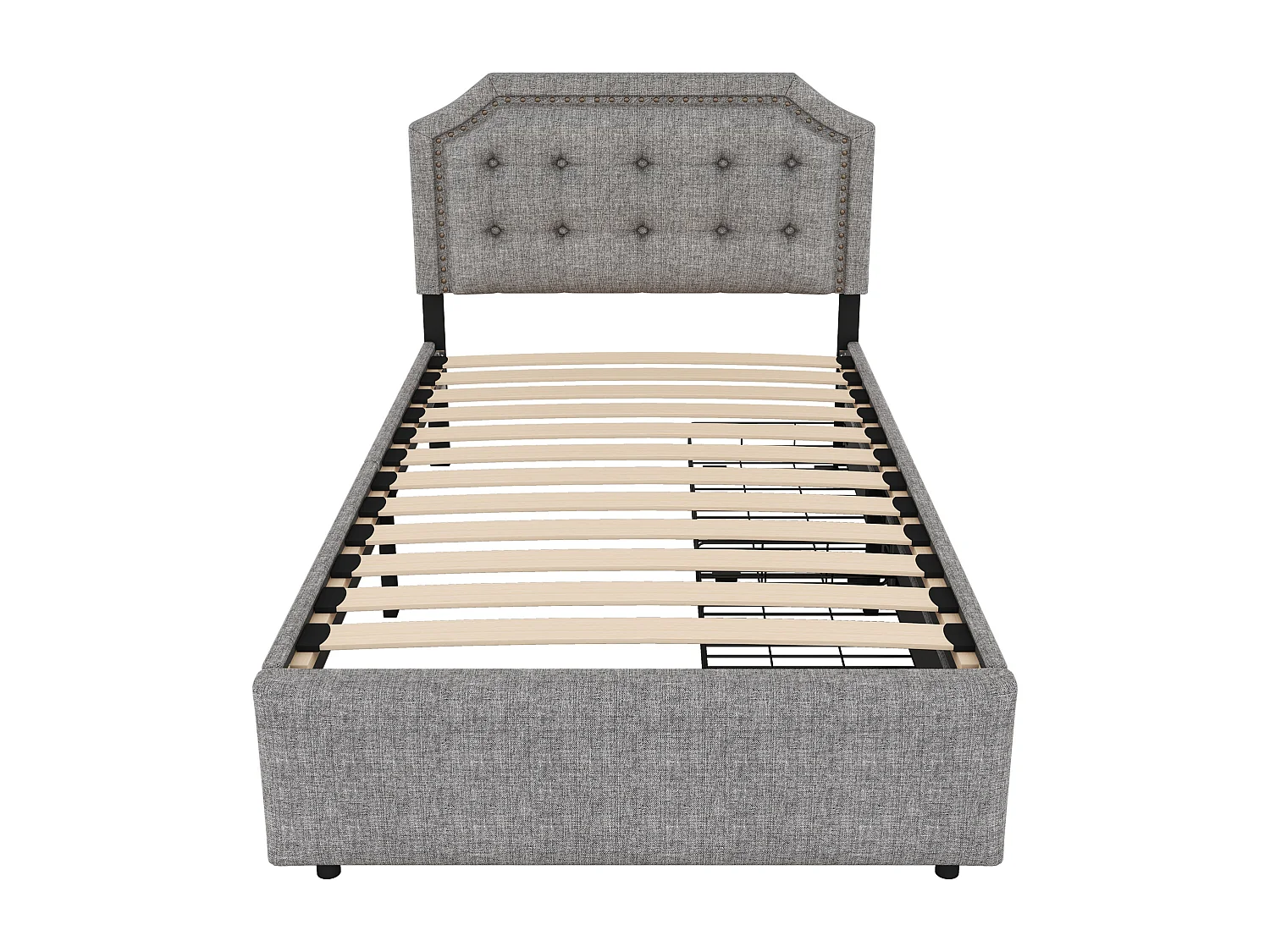 Lit enfant 90x200cm avec 2 tiroirs et tête de lit réglable en hauteur, lin gris, sans matelas