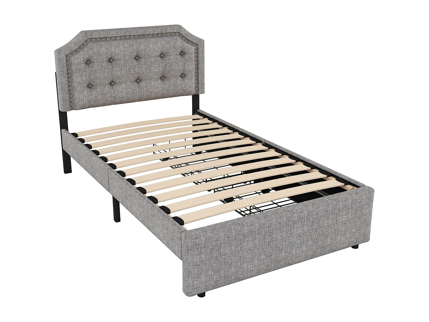 Lit enfant 90x200cm avec 2 tiroirs et tête de lit réglable en hauteur, lin gris, sans matelas