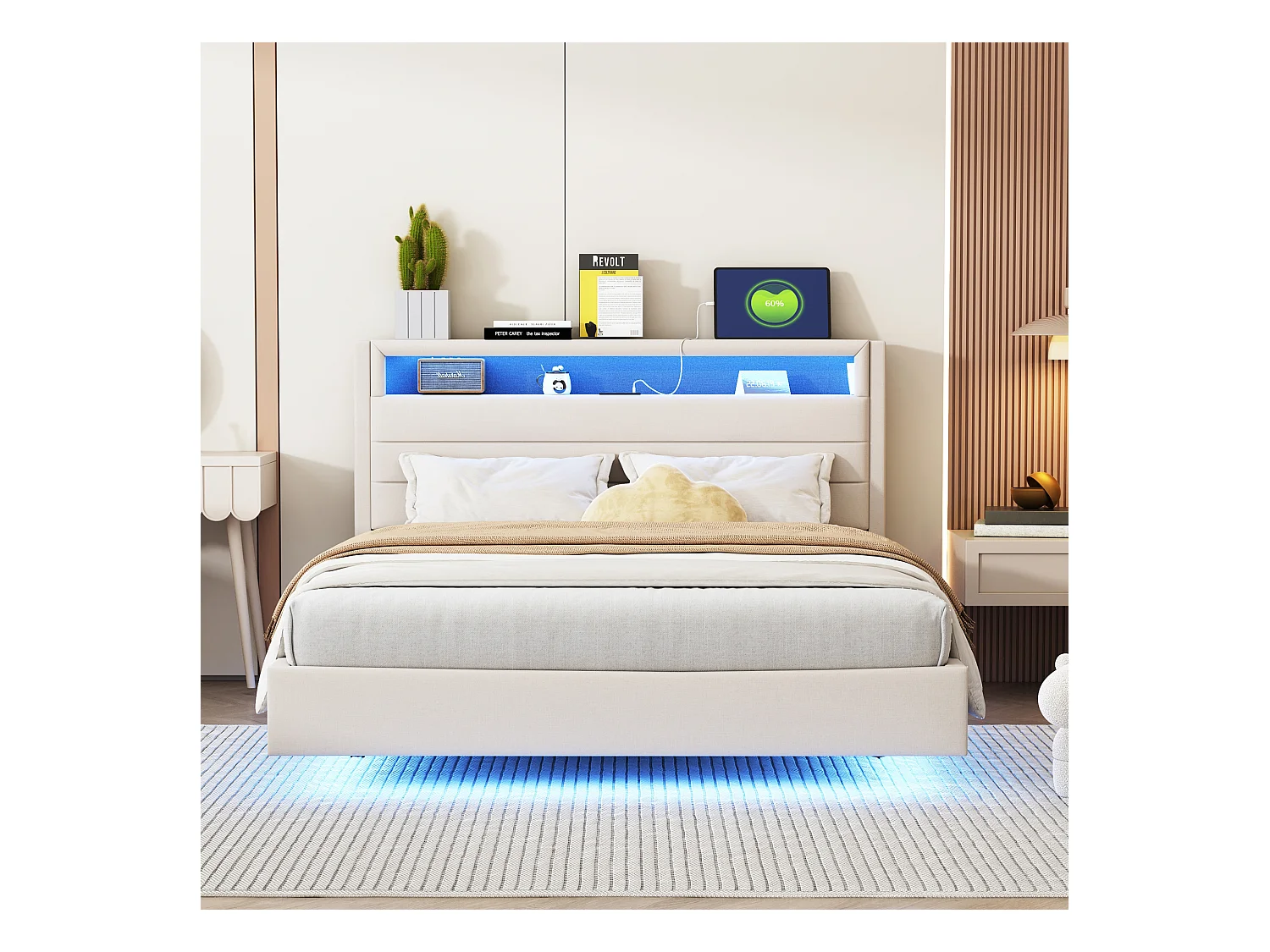 Lit adulte 140x200cm avec tête de lit de rangement et LED, designe flottant, en lin beige, sans matelas