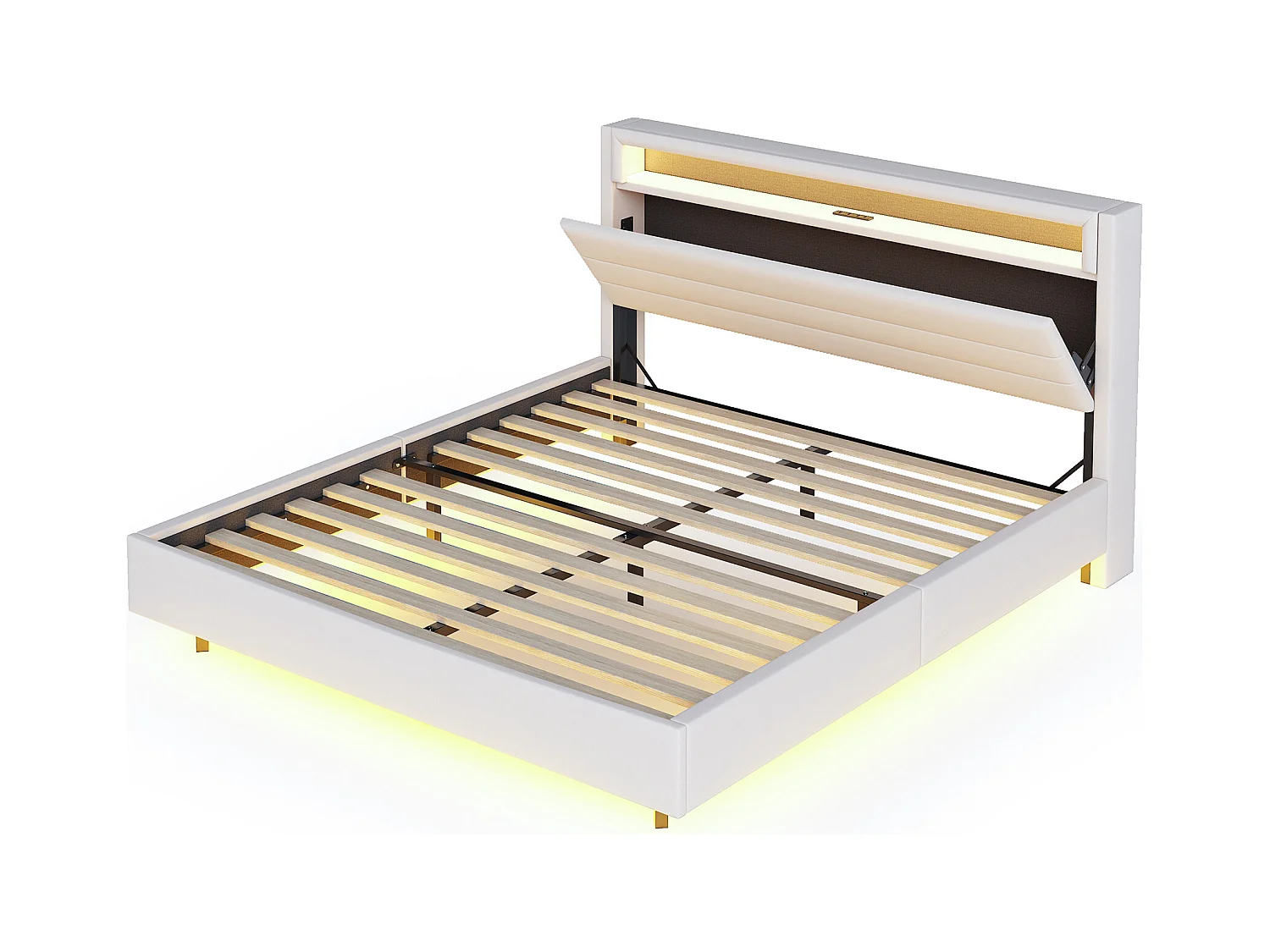 Lit adulte 140x200cm avec tête de lit de rangement et LED, designe flottant, en lin beige, sans matelas