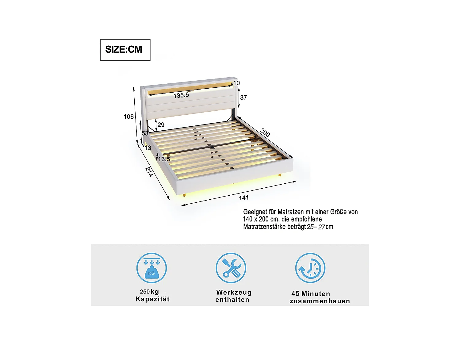 Lit adulte 140x200cm avec tête de lit de rangement et LED, designe flottant, en lin beige, sans matelas