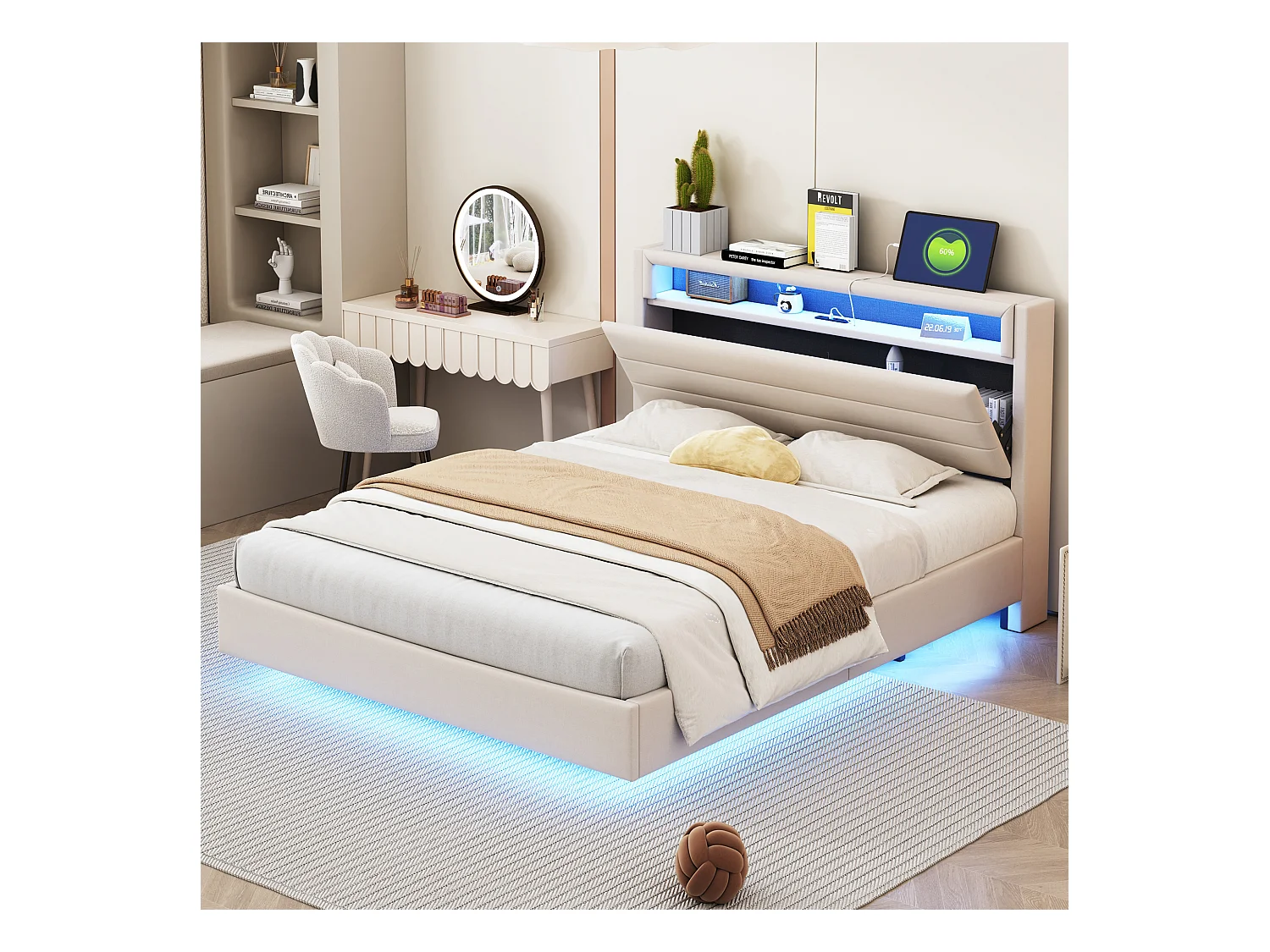Lit adulte 140x200cm avec tête de lit de rangement et LED, designe flottant, en lin beige, sans matelas