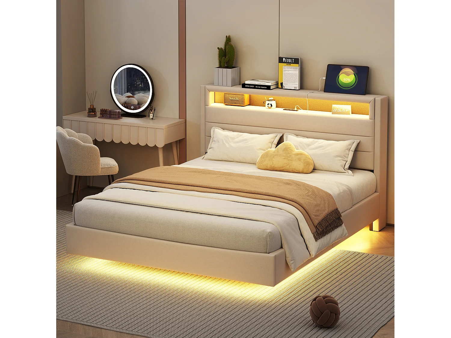 Cama de adulto 140x200 cm con cabecero con espacio de almacenamiento y luces LED, diseño flotante, en lino beige, sin colchón