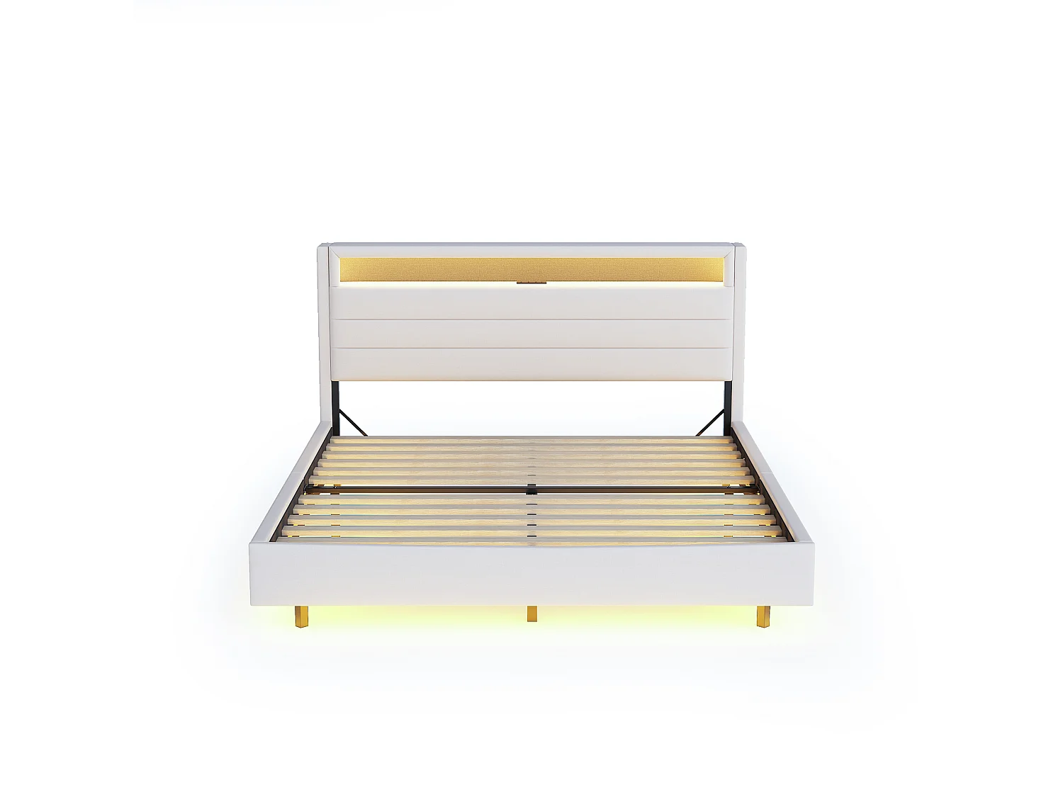 Cama de adulto 140x200 cm con cabecero con espacio de almacenamiento y luces LED, diseño flotante, en lino beige, sin colchón