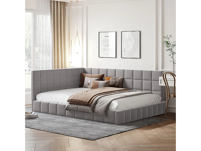 Letto da adulto 140x200 cm tipo divano con 2 grandi braccioli, rete inclusa, rivestito in velluto grigio, senza materasso