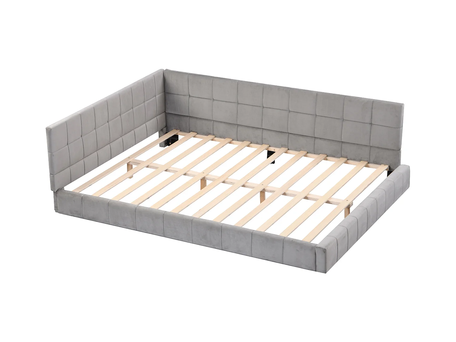 Lit adulte 140x200cm, lit banquette avec 2 grands accoudoirs, sommier inclus, velours gris, sans matelas