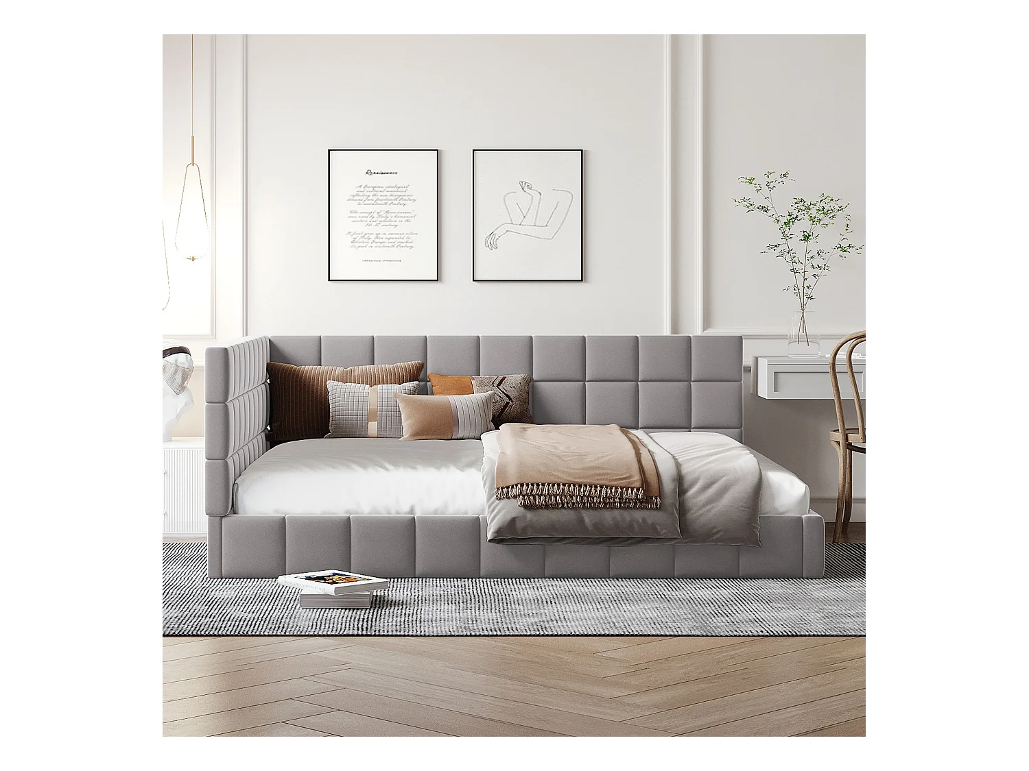 Lit adulte 140x200cm, lit banquette avec 2 grands accoudoirs, sommier inclus, velours gris, sans matelas