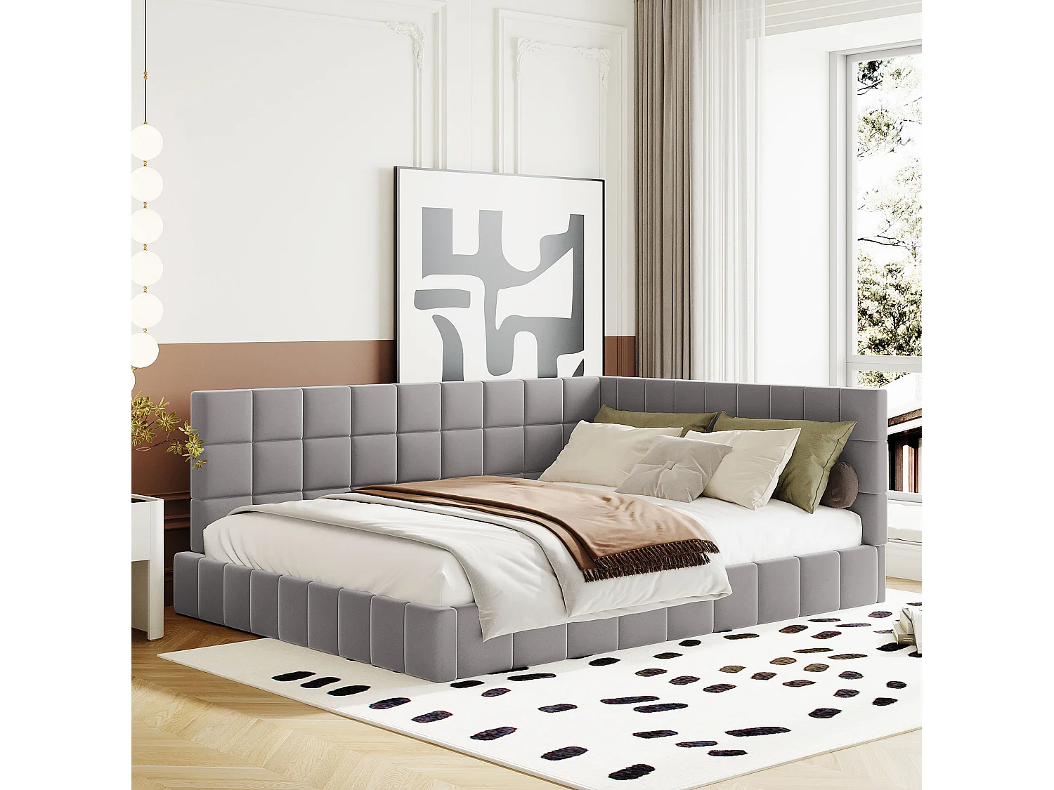 Lit adulte 140x200cm, lit banquette avec 2 grands accoudoirs, sommier inclus, velours gris, sans matelas