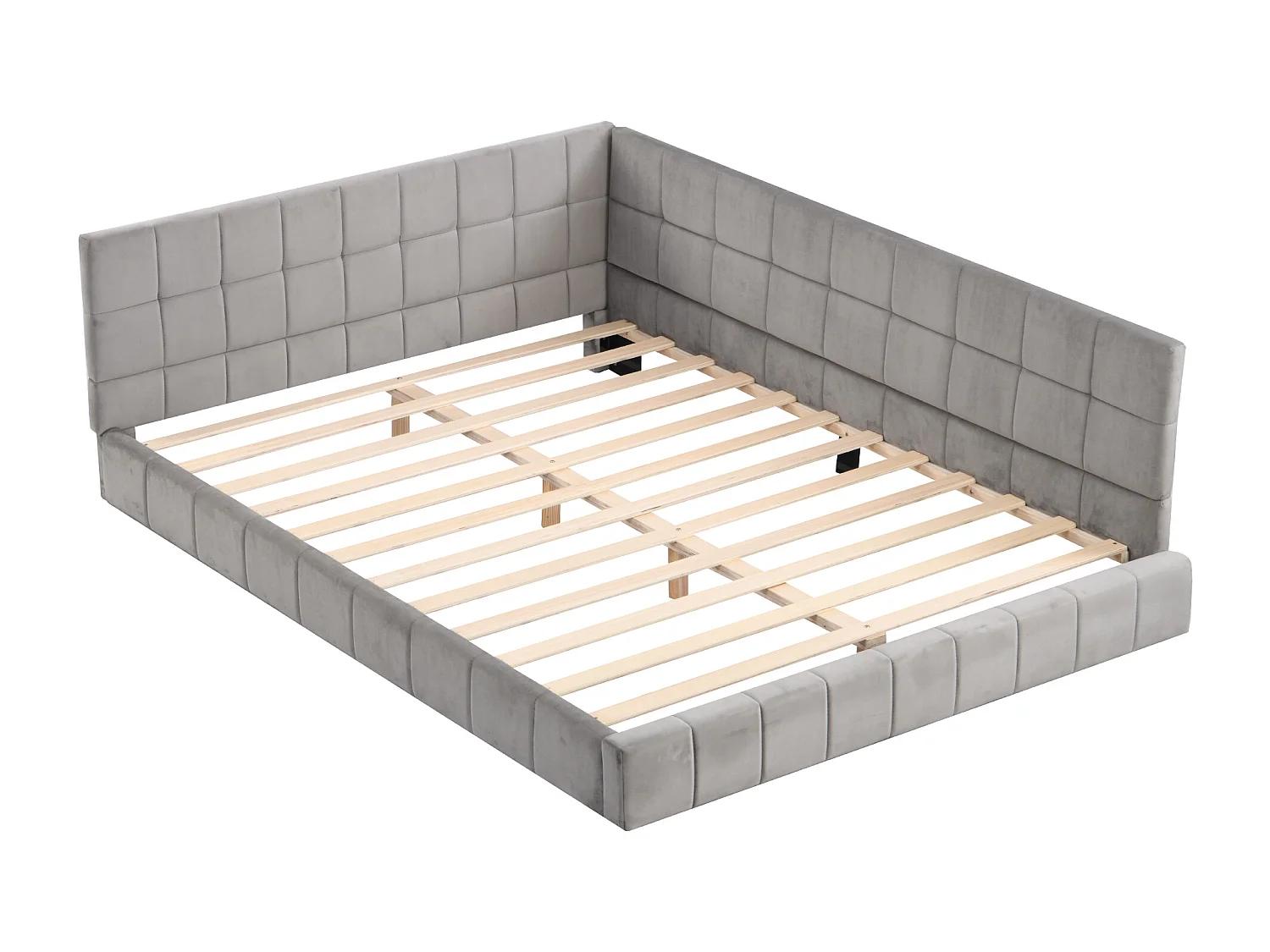 Lit adulte 140x200cm, lit banquette avec 2 grands accoudoirs, sommier inclus, velours gris, sans matelas