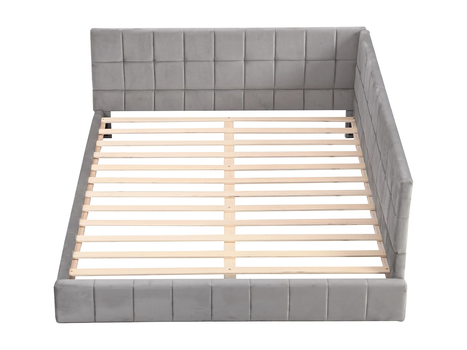 Lit adulte 140x200cm, lit banquette avec 2 grands accoudoirs, sommier inclus, velours gris, sans matelas