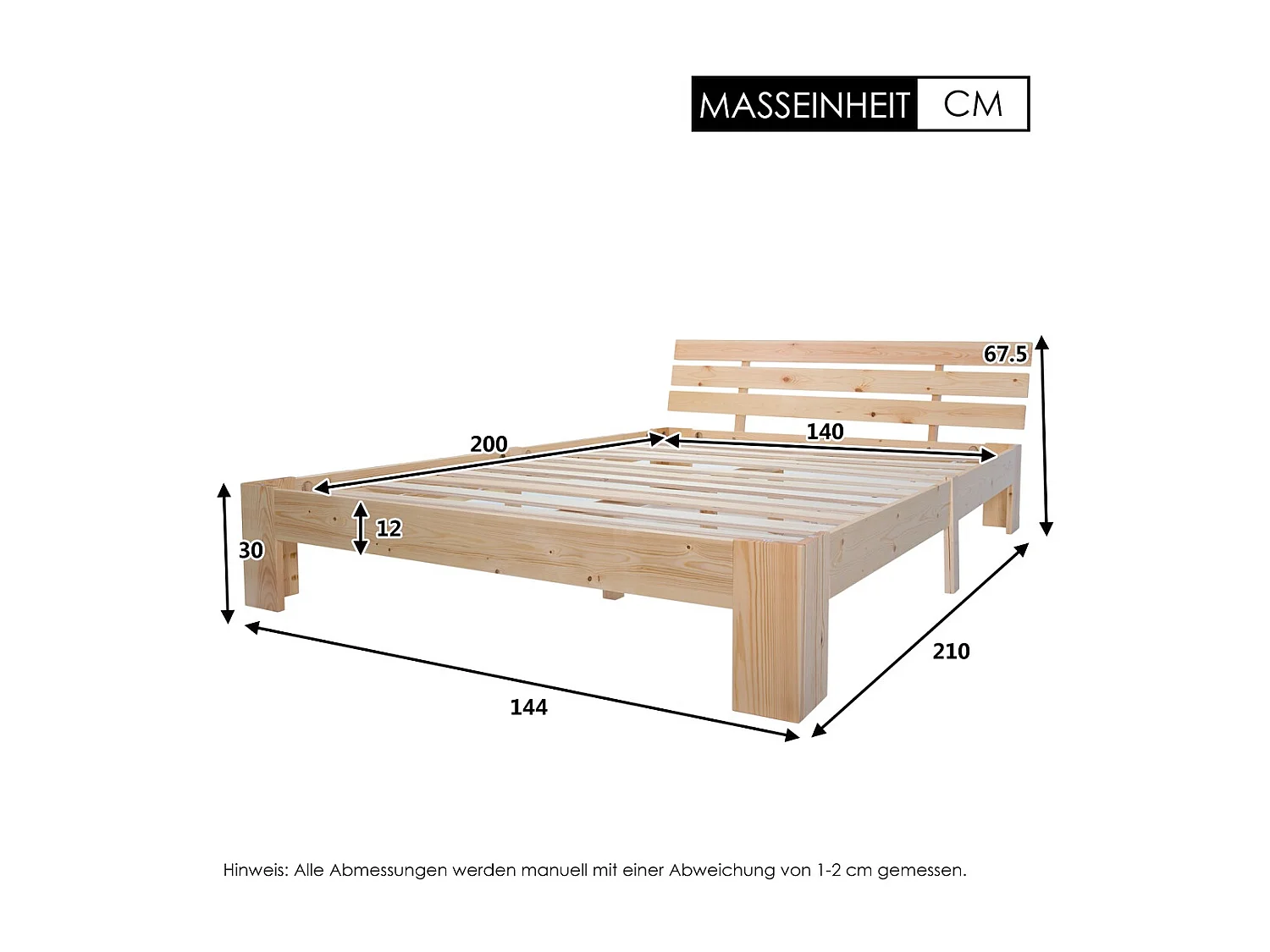 Lit adulte 140x200cm minimaliste, cadre en pin, woodgrain naturel clair, sans matelas