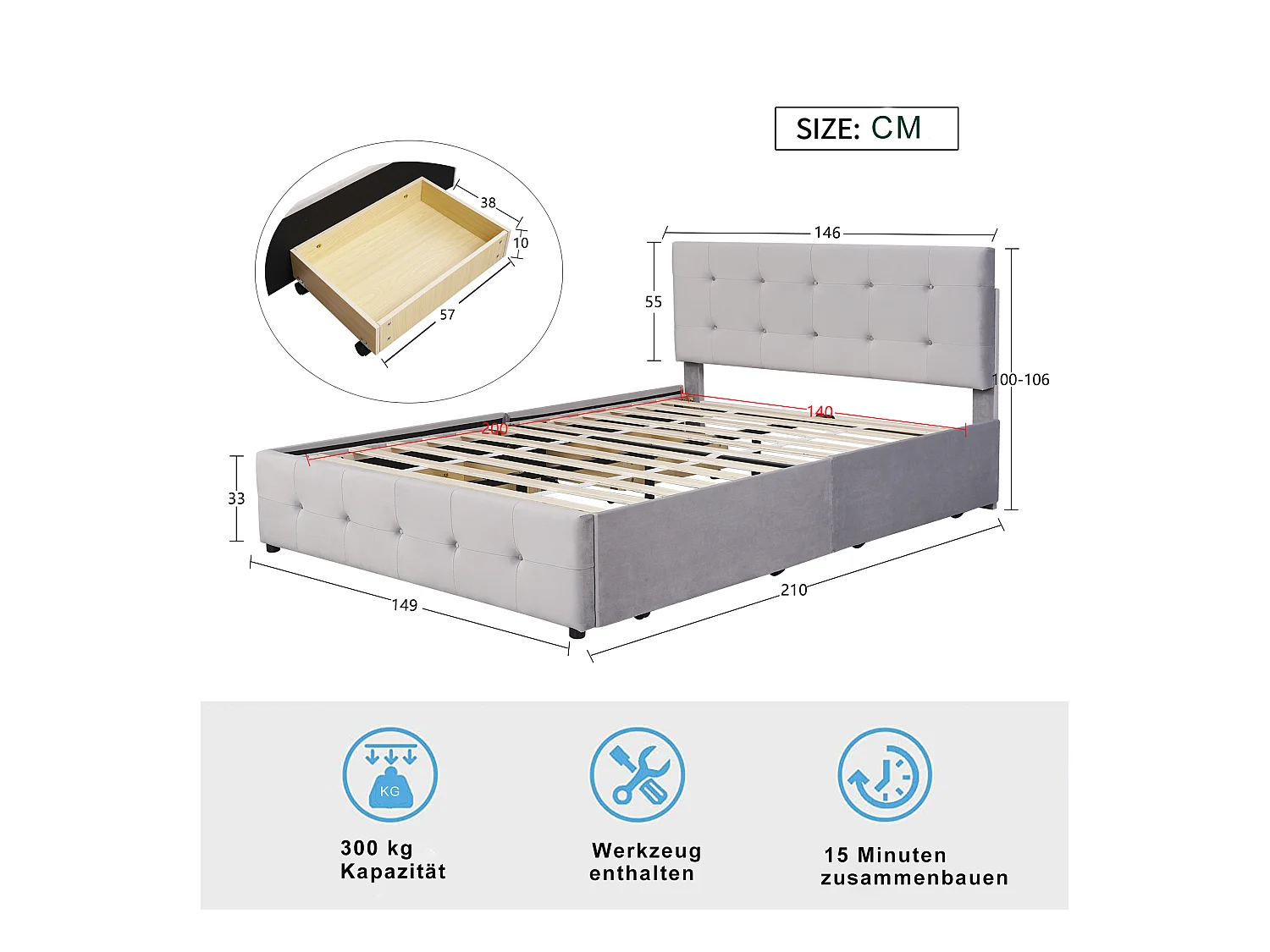 Cama de adulto 140x200 cm com 4 gavetas, cabeceira regulável em altura, tecido de veludo cinza, sem colchão