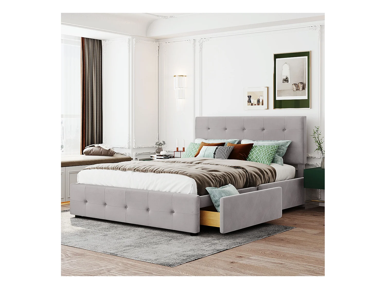 Lit adulte 140x200cm avec 4 tiroirs, tête de lit réglable en hauteur, tissu en velours gris, sans matelas