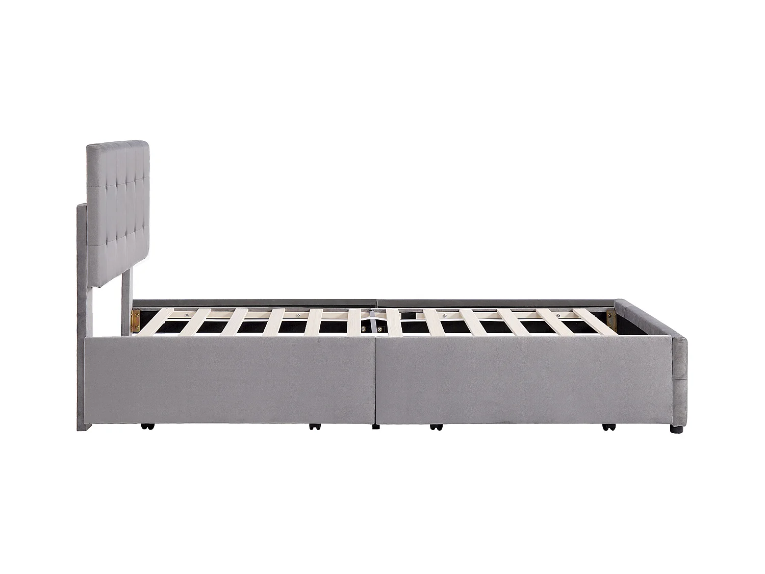 Lit adulte 140x200cm avec 4 tiroirs, tête de lit réglable en hauteur, tissu en velours gris, sans matelas