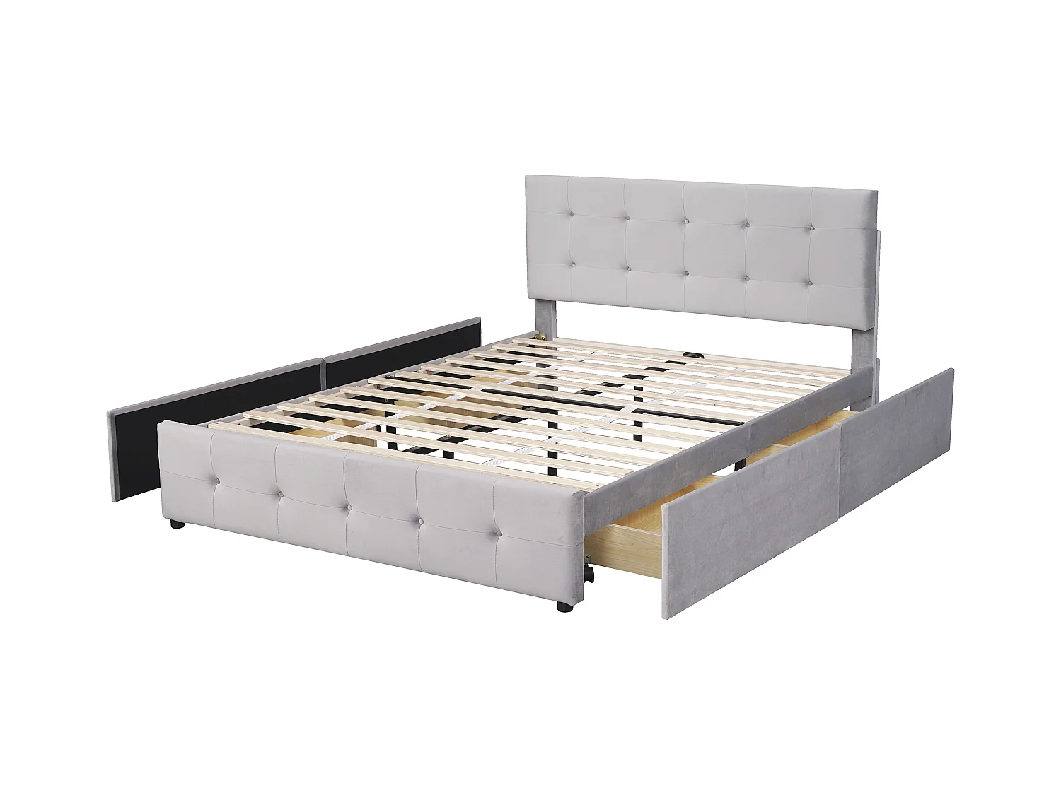Lit adulte 140x200cm avec 4 tiroirs, tête de lit réglable en hauteur, tissu en velours gris, sans matelas