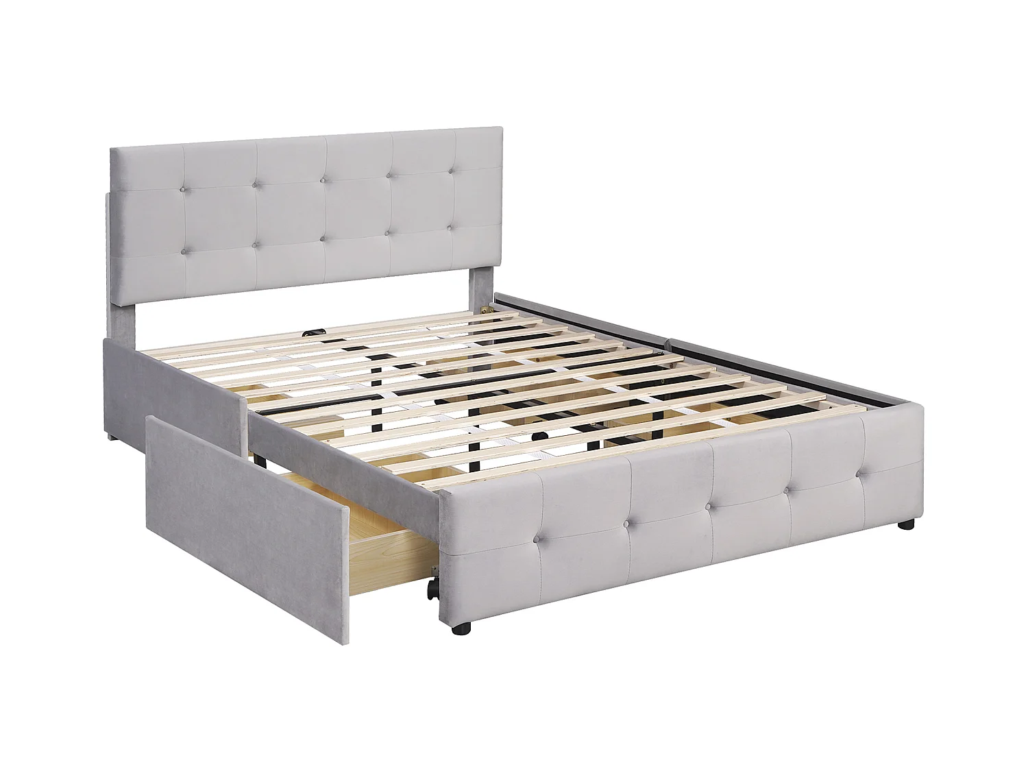 Lit adulte 140x200cm avec 4 tiroirs, tête de lit réglable en hauteur, tissu en velours gris, sans matelas