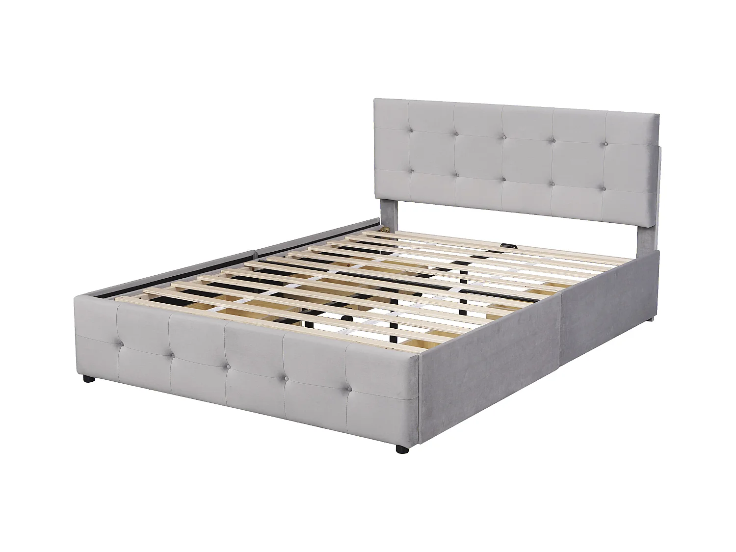 Lit adulte 140x200cm avec 4 tiroirs, tête de lit réglable en hauteur, tissu en velours gris, sans matelas