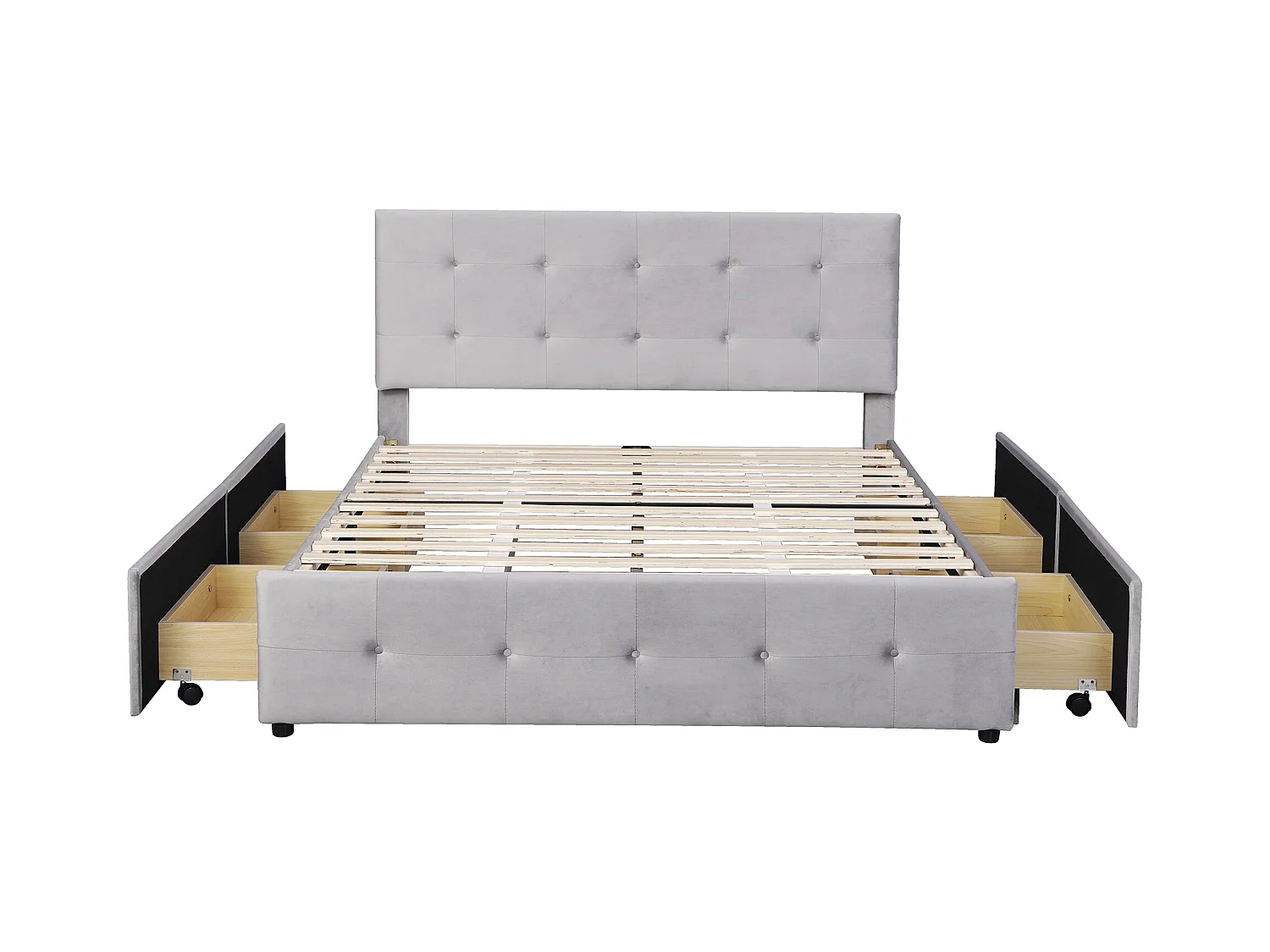 Lit adulte 140x200cm avec 4 tiroirs, tête de lit réglable en hauteur, tissu en velours gris, sans matelas