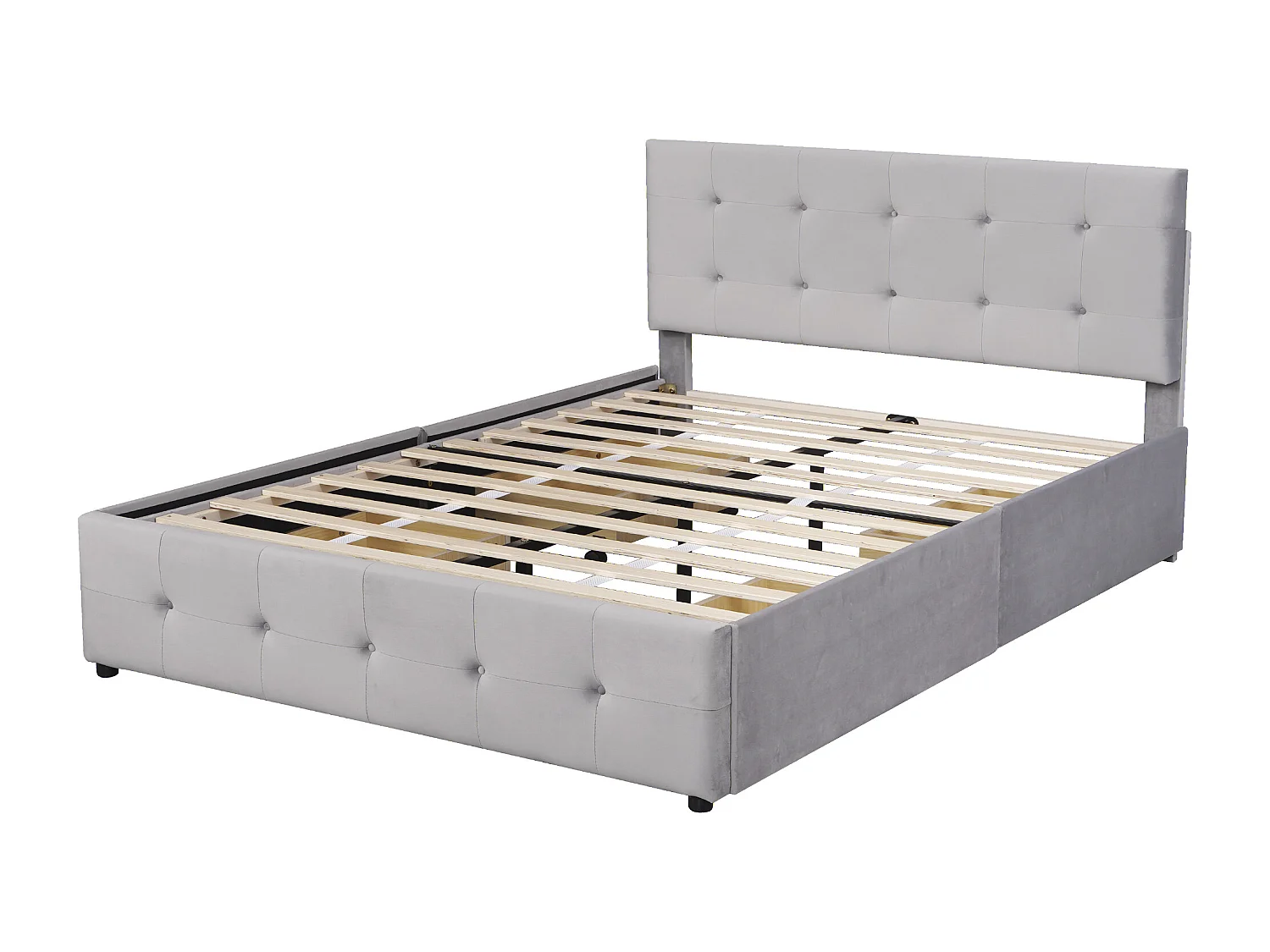 Lit adulte 140x200cm avec 4 tiroirs, tête de lit réglable en hauteur, tissu en velours gris, sans matelas