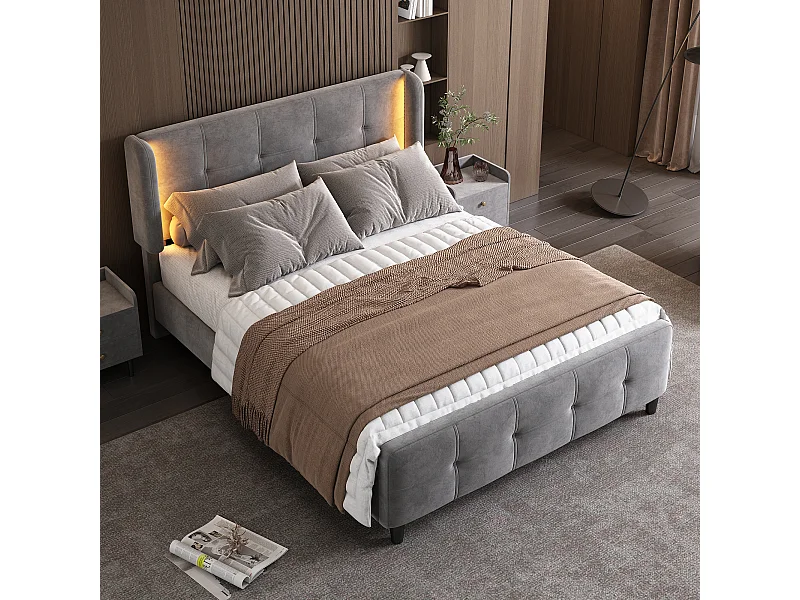 Bed voor volwassenen 140x200 cm met in hoogte verstelbare hoofdbord en LED-verlichting, bekleed met grijze fluweel, zonder matras