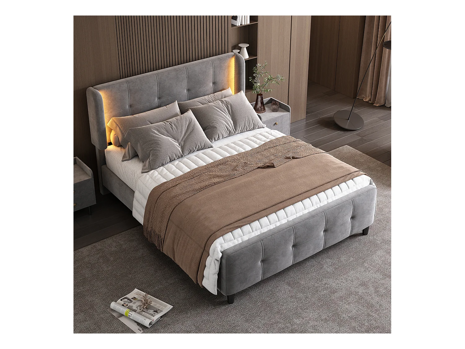 Bed voor volwassenen 140x200 cm met in hoogte verstelbare hoofdbord en LED-verlichting, bekleed met grijze fluweel, zonder matras