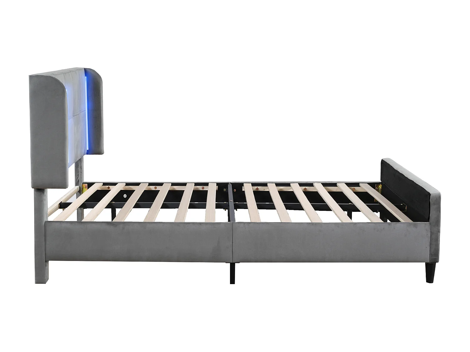 Bed voor volwassenen 140x200 cm met in hoogte verstelbare hoofdbord en LED-verlichting, bekleed met grijze fluweel, zonder matras