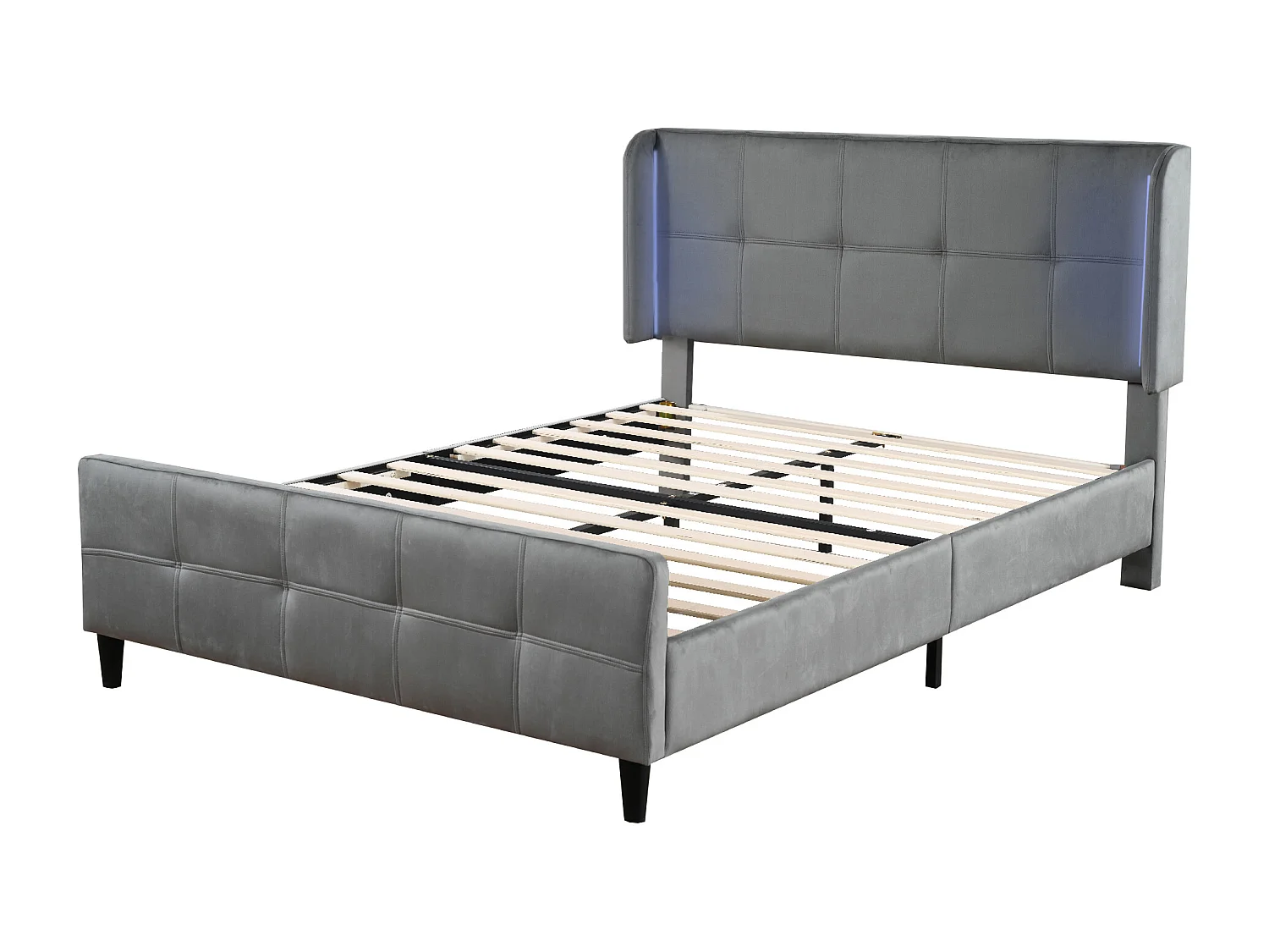 Bed voor volwassenen 140x200 cm met in hoogte verstelbare hoofdbord en LED-verlichting, bekleed met grijze fluweel, zonder matras