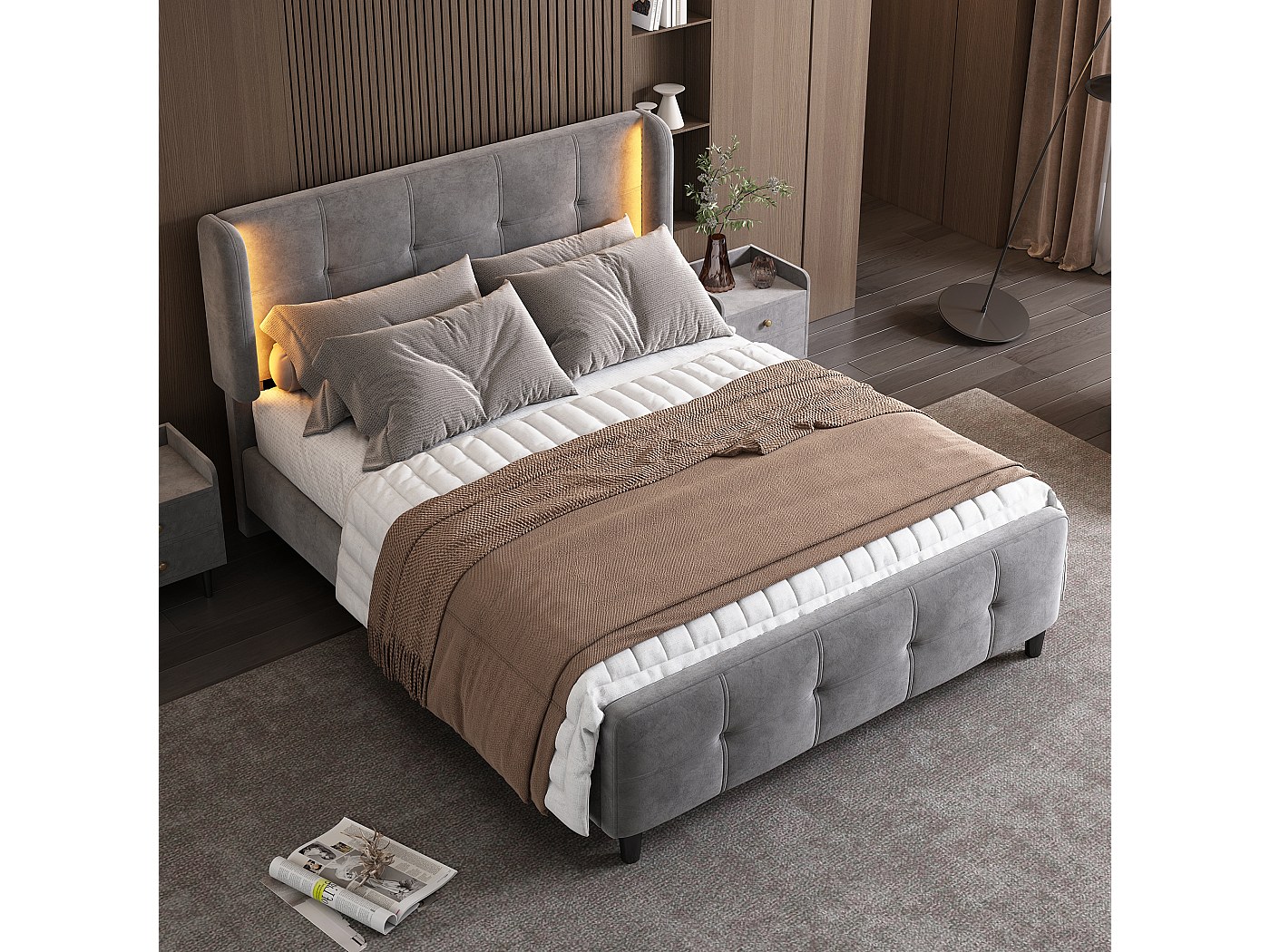 Lit adulte 140x200cm avec tête de lit réglable en hauteur et LED, tissu ...