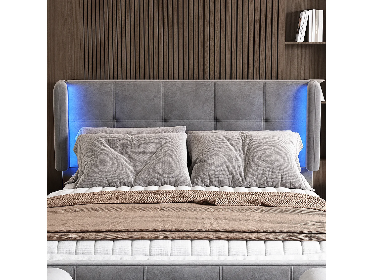 Lit adulte 140x200cm avec tête de lit réglable en hauteur et LED, tissu en velours gris, sans matelas