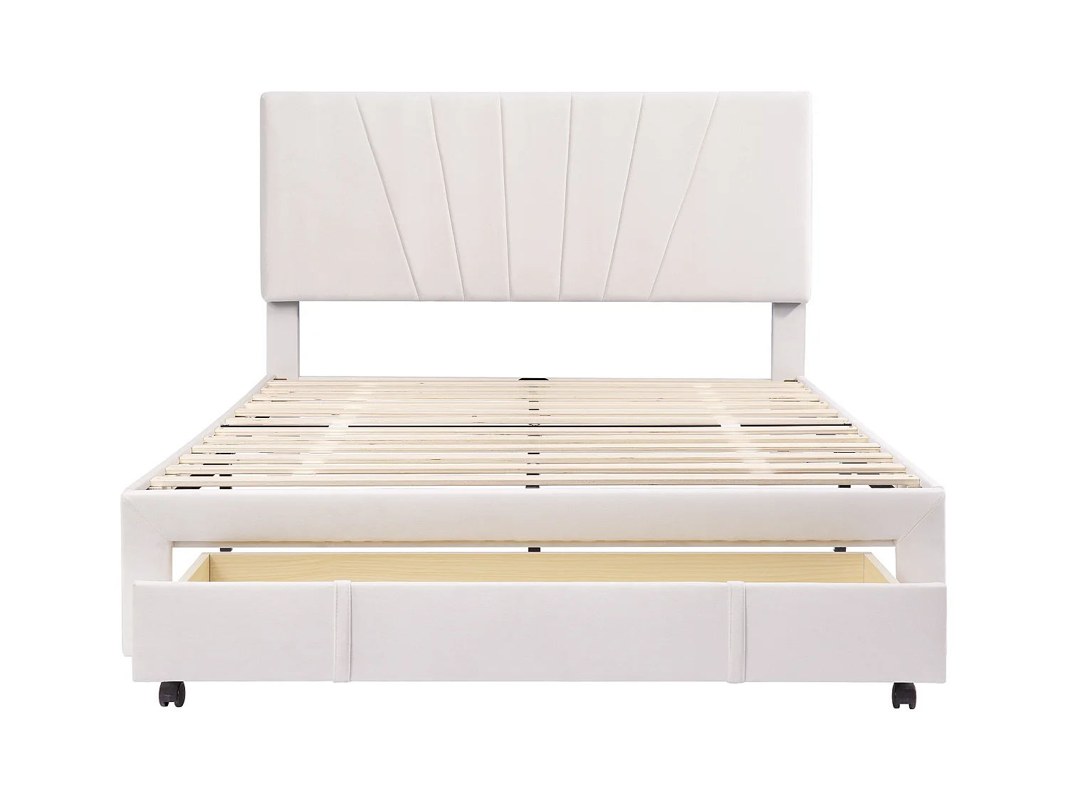 Lit adulte 140x200cm avec tiroir, sommier inclus, tissu en velours beige, sans matelas