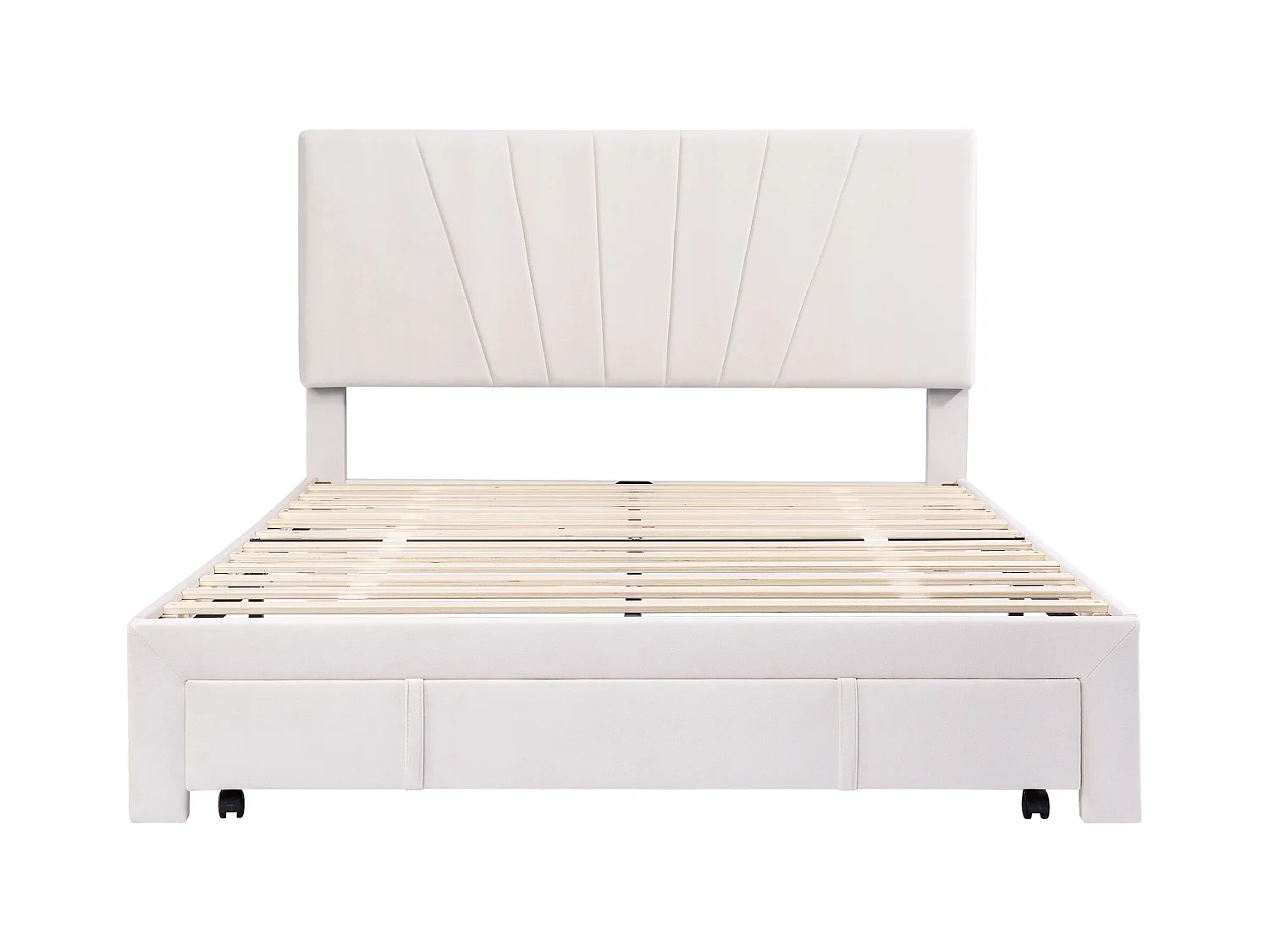 Lit adulte 140x200cm avec tiroir, sommier inclus, tissu en velours beige, sans matelas