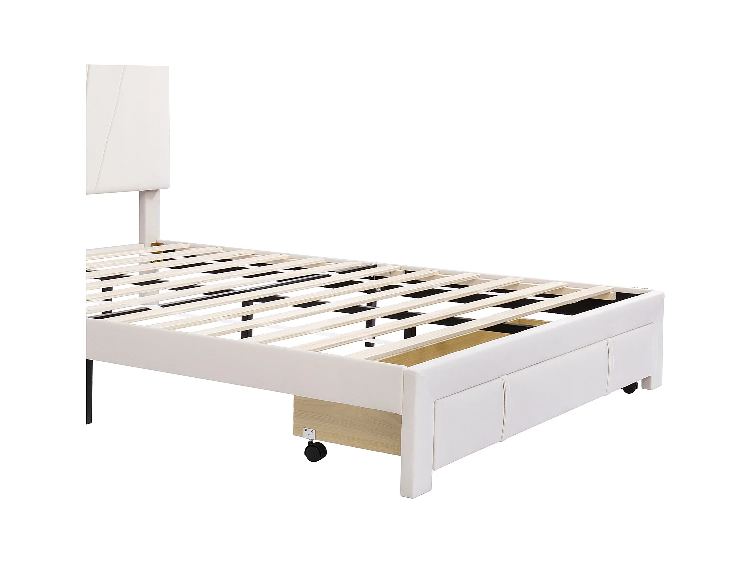 Lit adulte 140x200cm avec tiroir, sommier inclus, tissu en velours beige, sans matelas