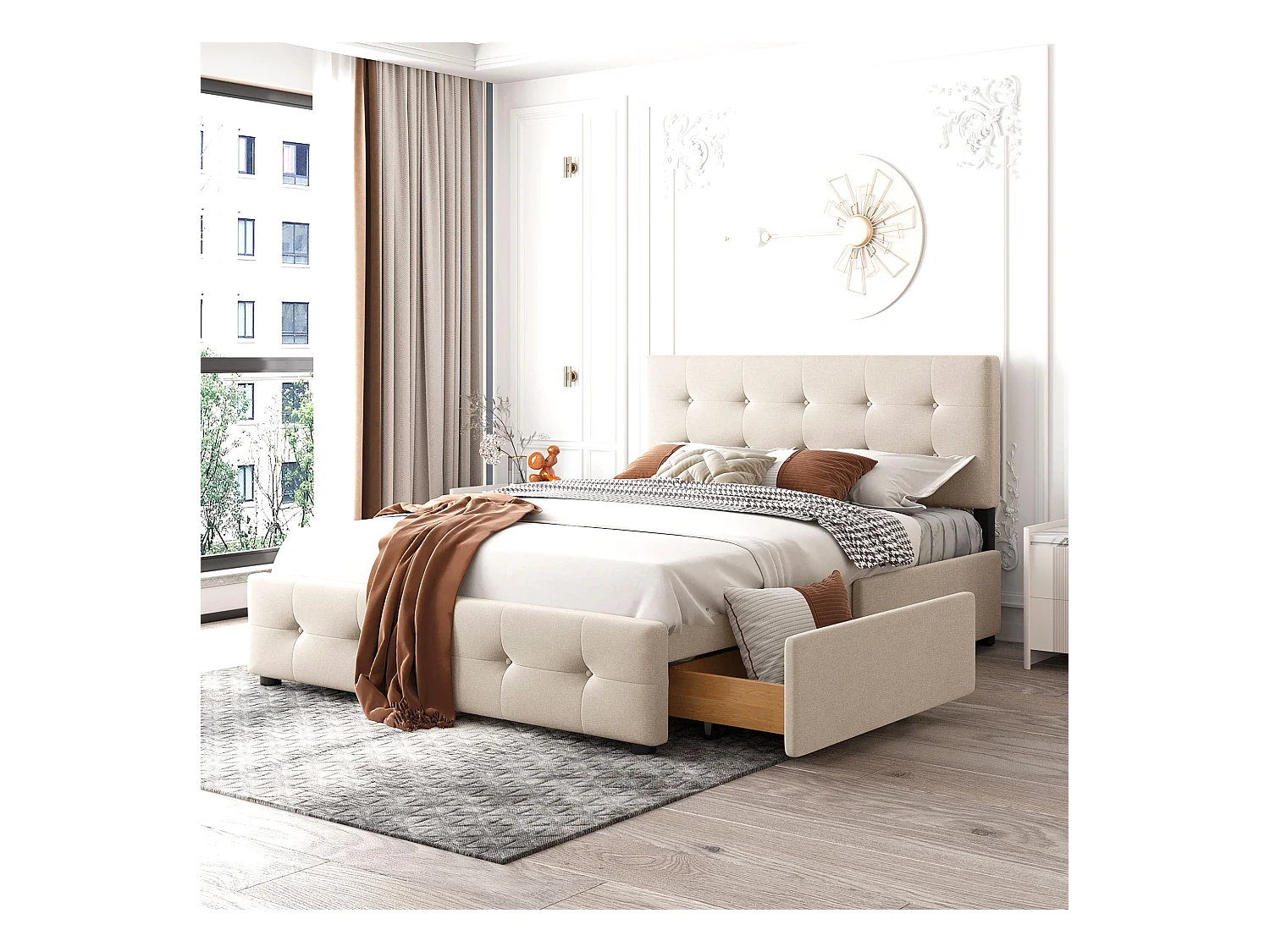 Lit adulte 140x200cm avec 4 tiroirs, tête de lit réglable en hauteur, tissu en velours beige, sans matelas