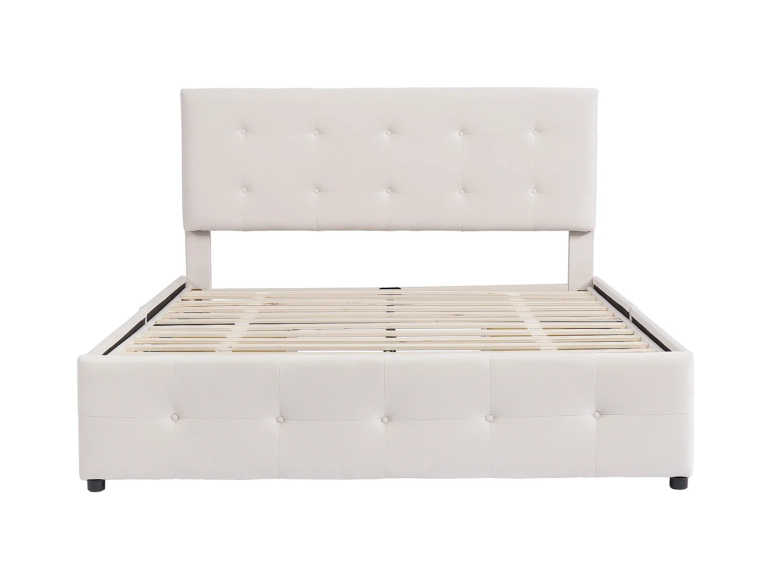 Lit adulte 140x200cm avec 4 tiroirs, tête de lit réglable en hauteur, tissu en velours beige, sans matelas