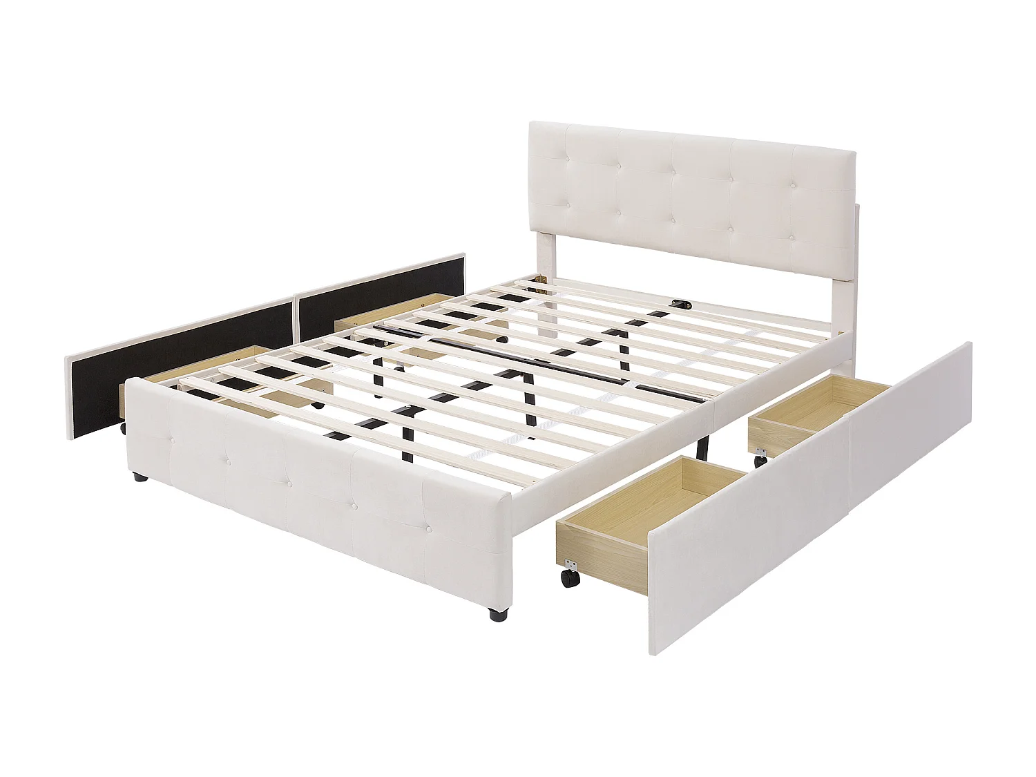 Lit adulte 140x200cm avec 4 tiroirs, tête de lit réglable en hauteur, tissu en velours beige, sans matelas