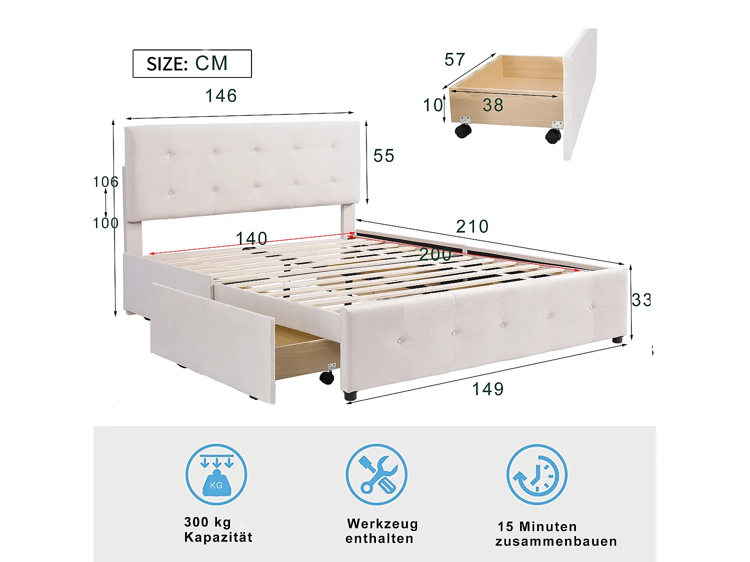 Lit adulte 140x200cm avec 4 tiroirs, tête de lit réglable en hauteur, tissu en velours beige, sans matelas