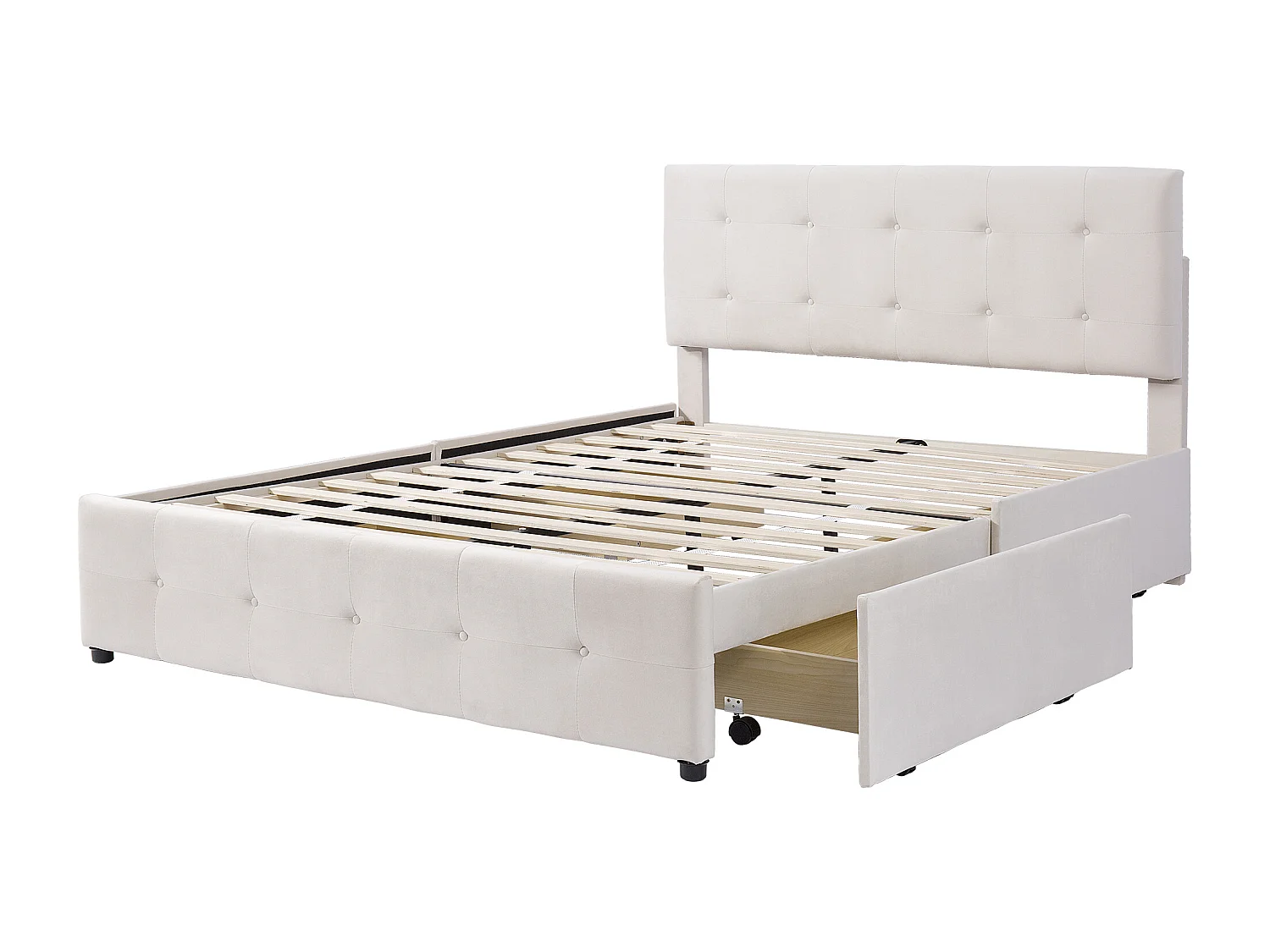 Lit adulte 140x200cm avec 4 tiroirs, tête de lit réglable en hauteur, tissu en velours beige, sans matelas
